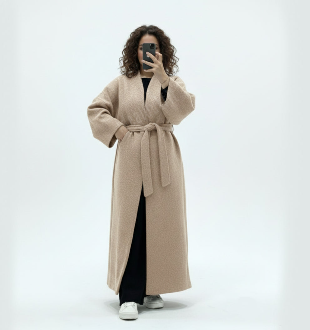 Manteau long en laine avec ceinture ref:Ma 2518, évasé style laine coupe ample et élégante