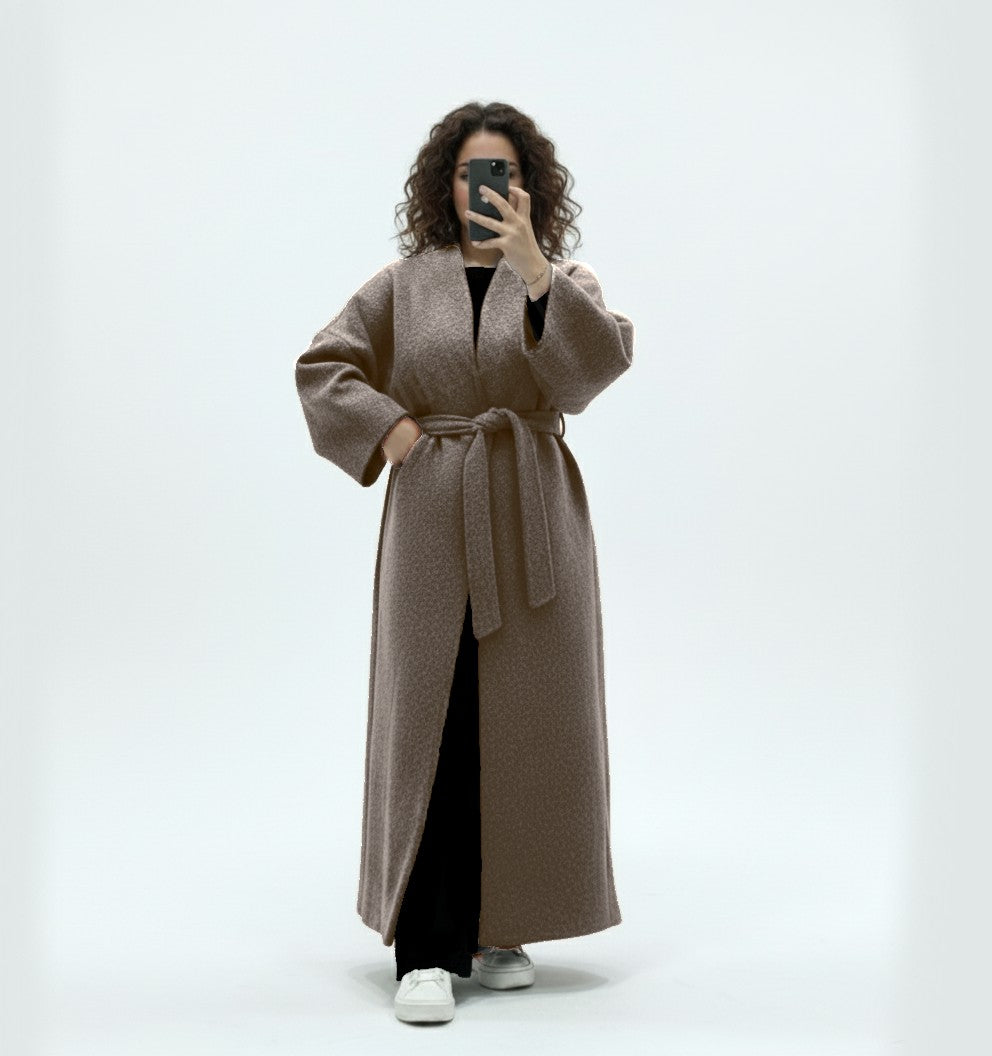 Manteau long en laine avec ceinture ref:Ma 2518, évasé style laine coupe ample et élégante