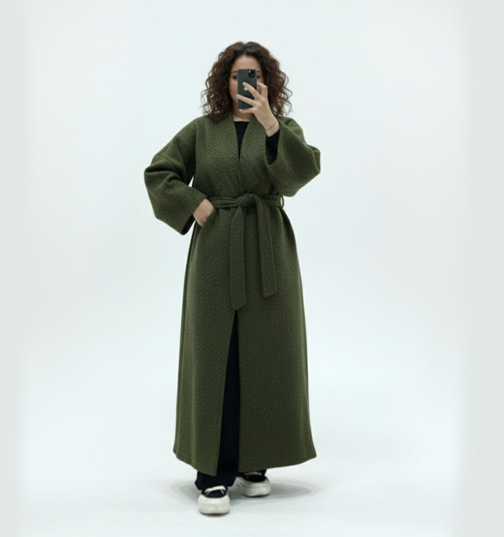 Manteau long en laine avec ceinture ref:Ma 2518, évasé style laine coupe ample et élégante