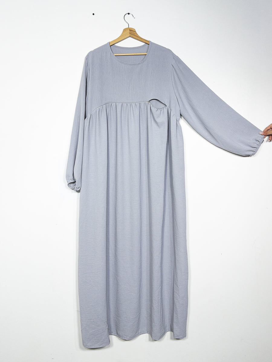 Abaya d'allaitement en jazz ouverture zip REF:RO2512JAZZ - manches bouffantes et coupe fluide facilitant l’allaitement en toute discrétion.