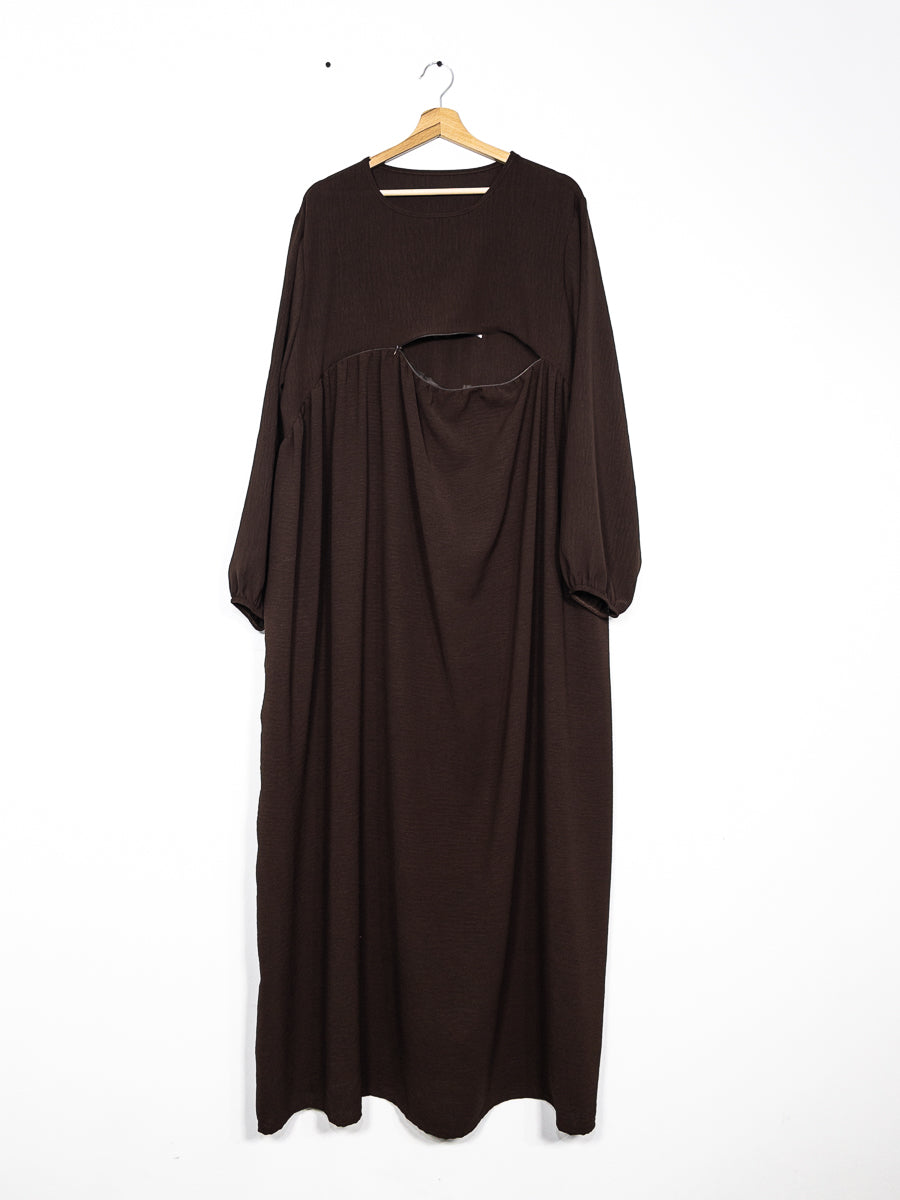 Abaya d'allaitement en jazz ouverture zip REF:RO2512JAZZ - manches bouffantes et coupe fluide facilitant l’allaitement en toute discrétion.
