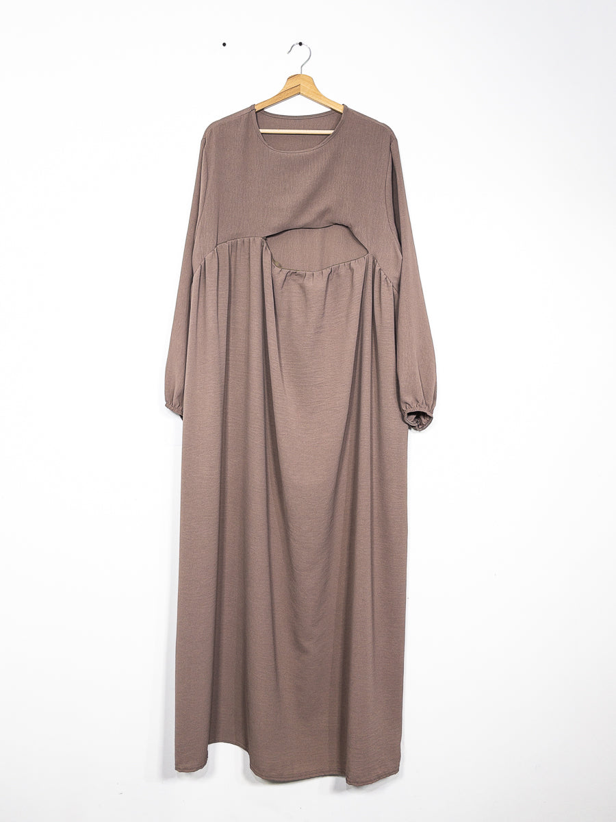 Abaya d'allaitement en jazz ouverture zip REF:RO2512JAZZ - manches bouffantes et coupe fluide facilitant l’allaitement en toute discrétion.