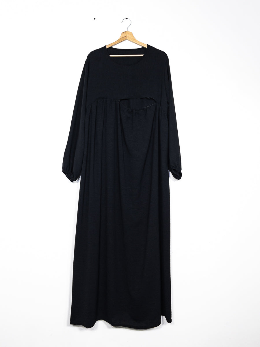 Abaya d'allaitement en jazz ouverture zip REF:RO2512JAZZ - manches bouffantes et coupe fluide facilitant l’allaitement en toute discrétion.