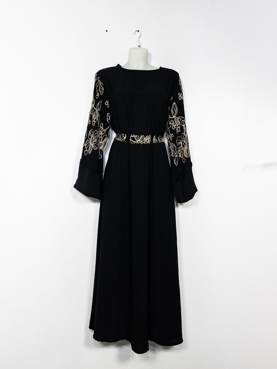 Robe abaya broderies florales ref:Ro2513jazz - Abaya avec broderies florales et ceinture assortie avec une coupe ouverte avec doublure