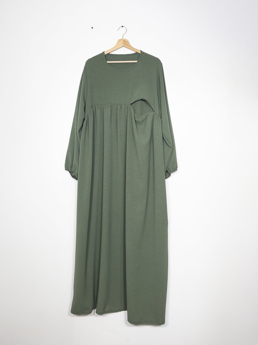 Abaya d'allaitement en jazz ouverture zip REF:RO2512JAZZ - manches bouffantes et coupe fluide facilitant l’allaitement en toute discrétion.