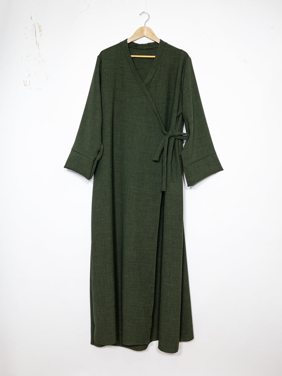 Abaya manche large en lin pour 185cm REF: RoL2383lin - Abaya portefeuille style kimono larges style lin design chic ajustable avec un nœud