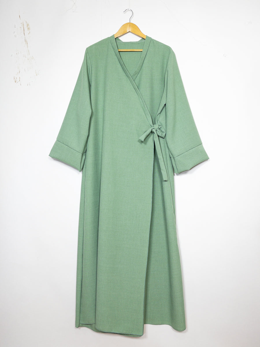 Abaya manche large en lin pour 185cm REF: RoL2383lin - Abaya portefeuille style kimono larges style lin design chic ajustable avec un nœud