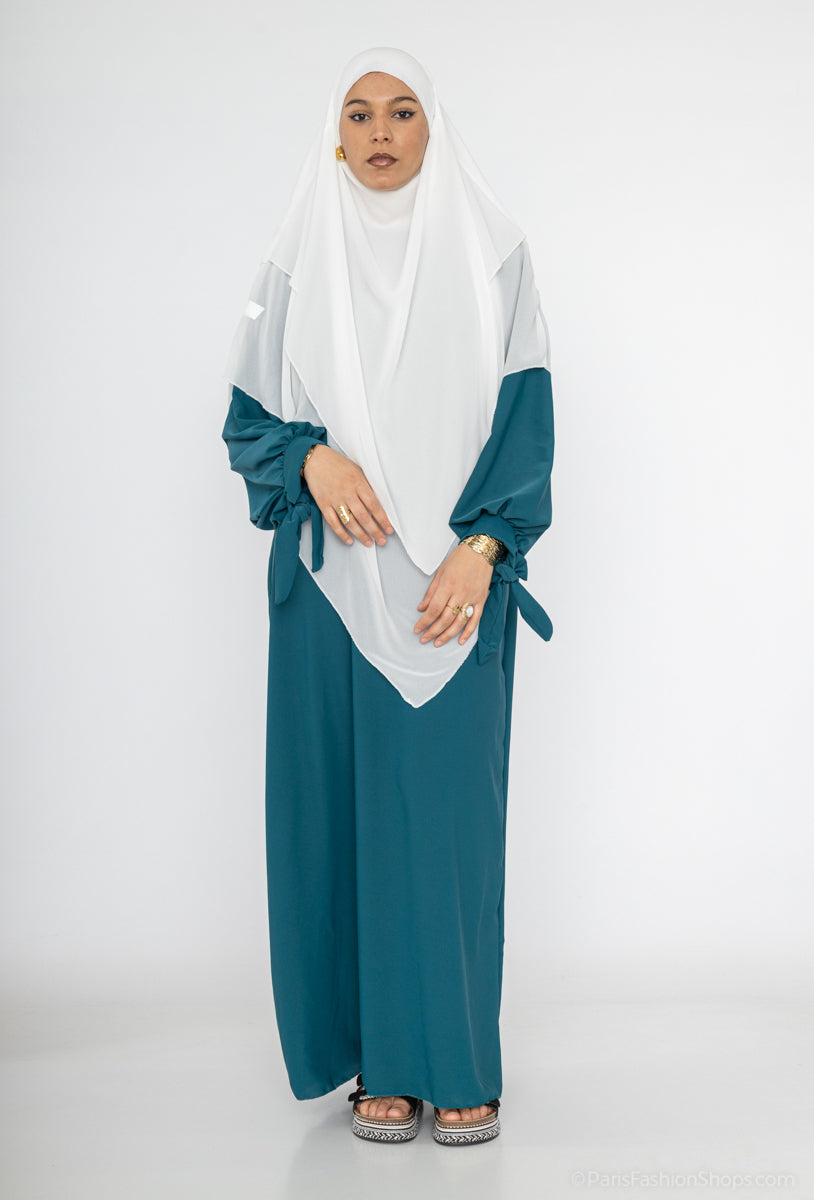 Abaya en soie de Médine RO2378PK - Elégante et fluide avec coupe ample et manches ballon avec joli nœud