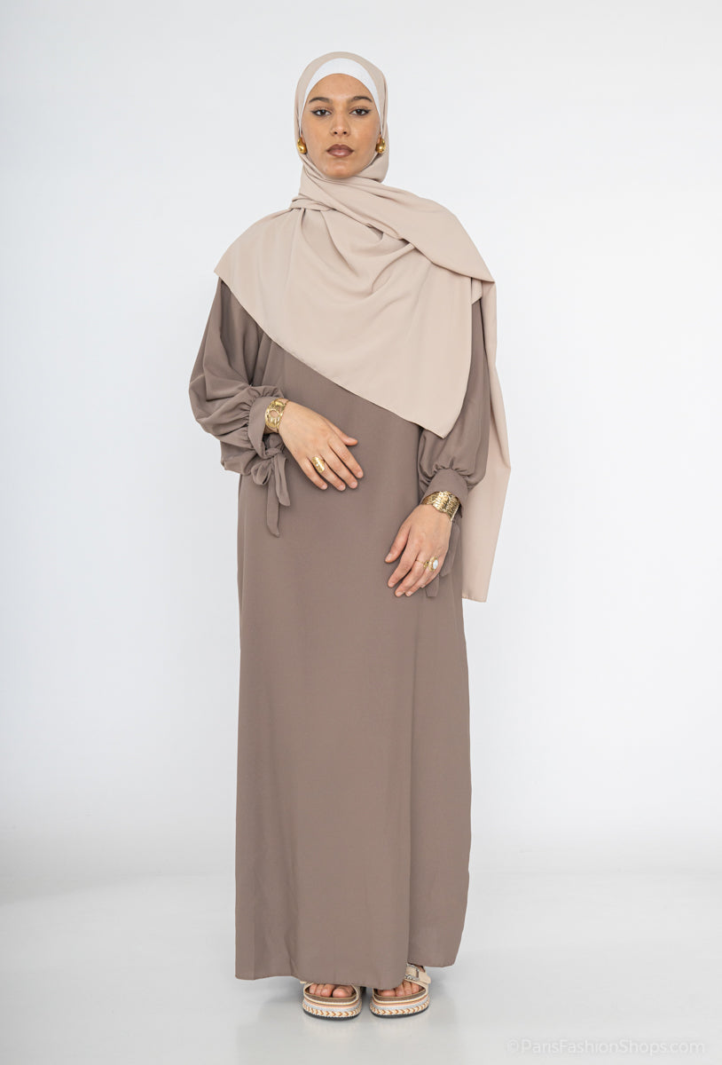 Abaya en soie de Médine RO2378PK - Elégante et fluide avec coupe ample et manches ballon avec joli nœud