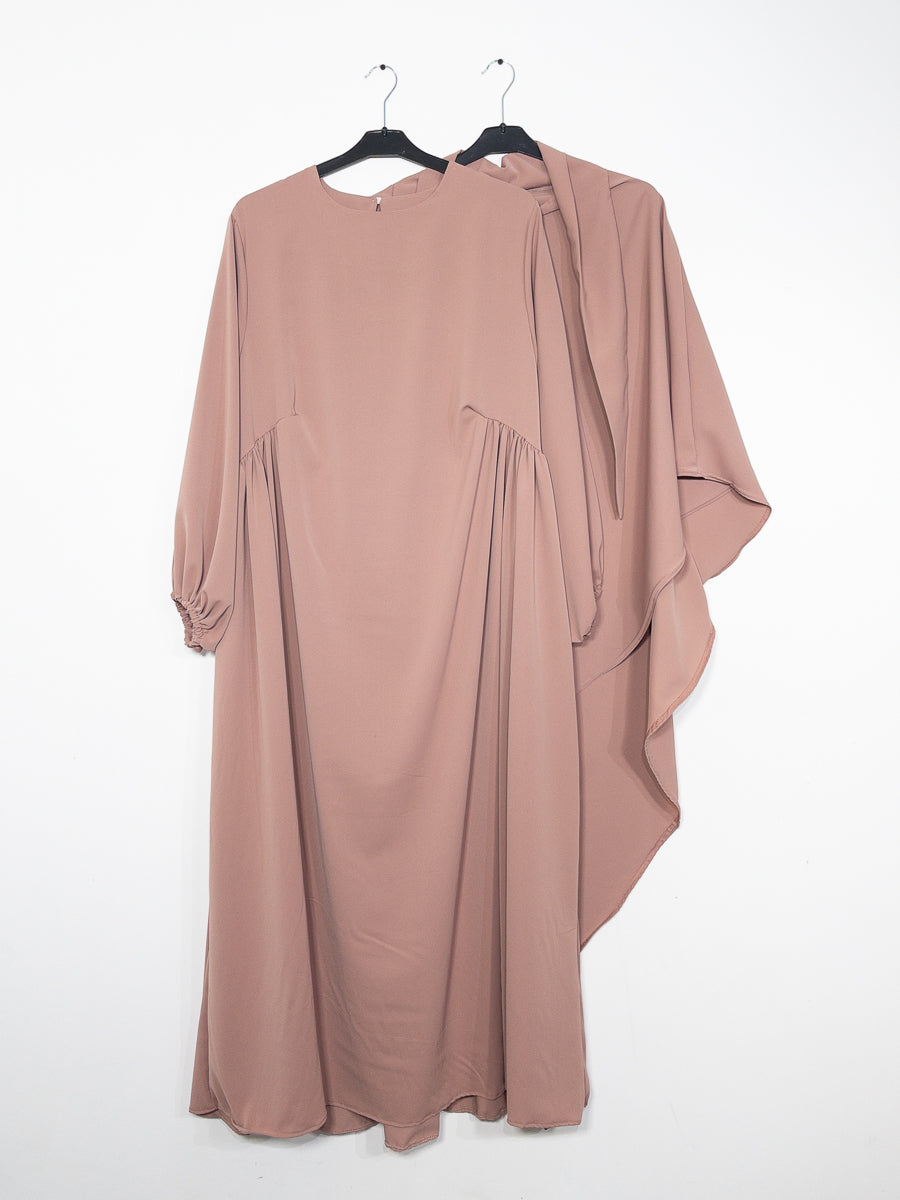 Ensemble 2 pièces en Soie de Médine REF: En2509+2510pk - Abaya + Khimar sobre et raffiné